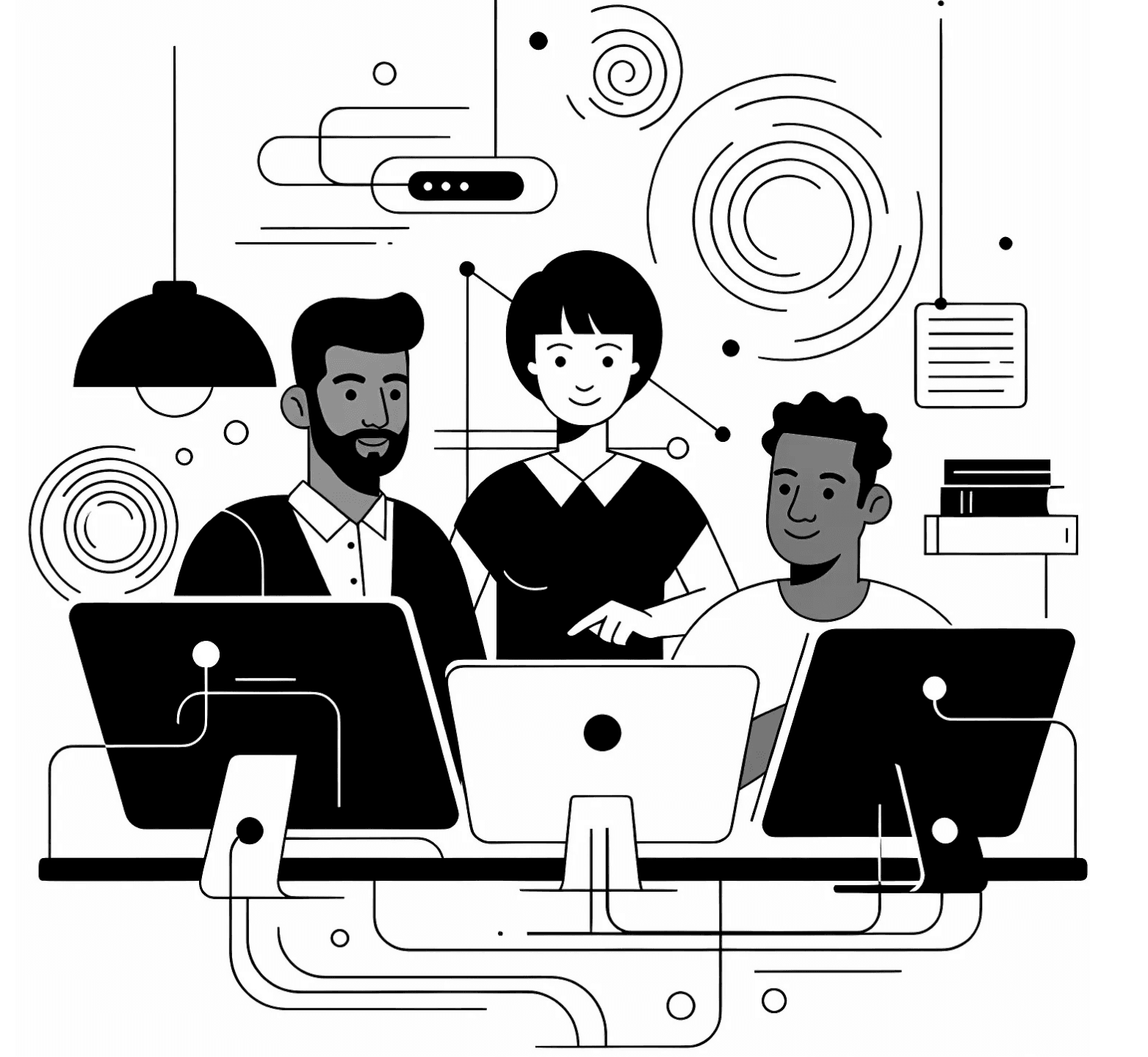 Ilustración de un equipo trabajando en una oficina con computadoras y gráficos